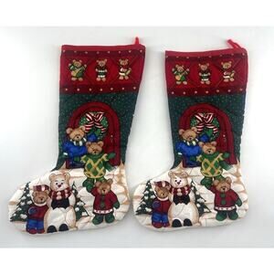 Cranston Vntg Christmas Friends Stockings Cut Sew Brown Bears Cotton Holiday USA